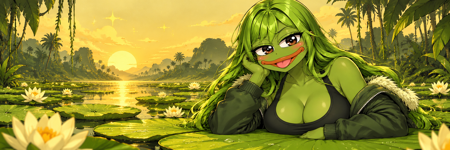 Pepe relaxing on a lily pad in a lush golden swamp
