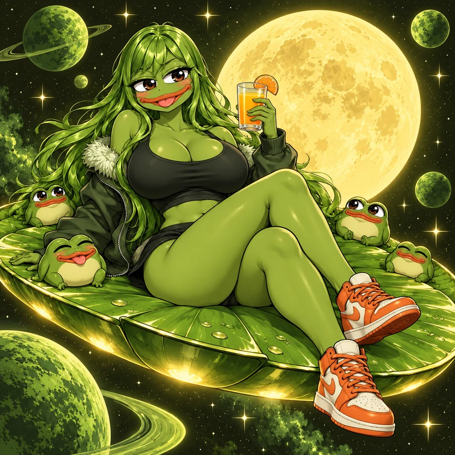 Pepe and tiny frogs cruising through space on a giant lily pad