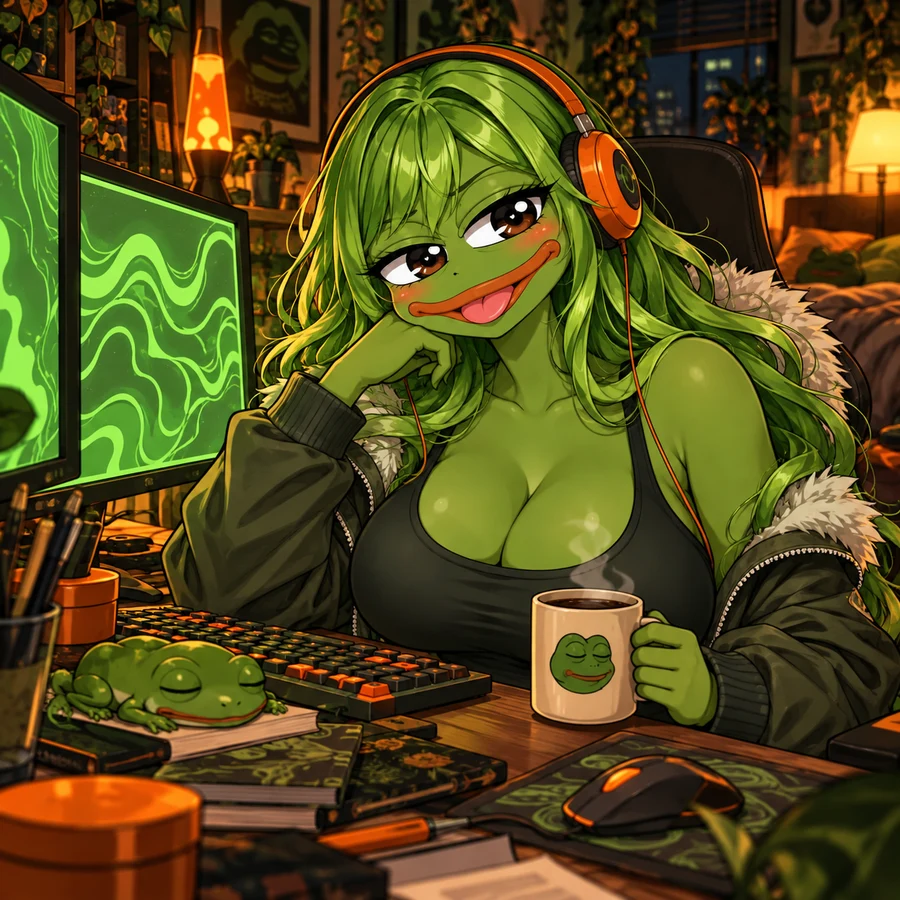 Pepe in orange headphones at her late-night computer desk