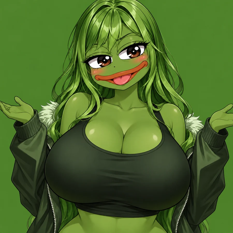 The original green-haired Pepe mascot smiling with a shrug